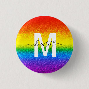 LGBT Pride Glitter Rainbow Striped Monogram Name 1 Inch Round Button