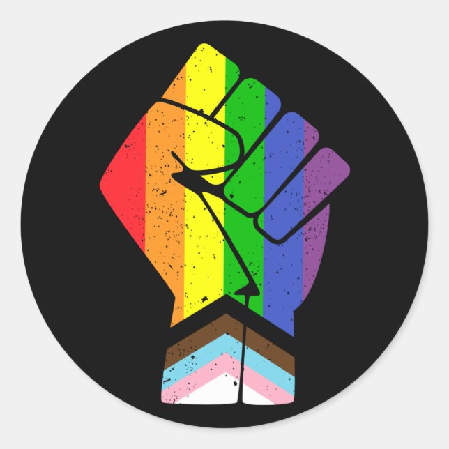 LGBT Pride (Progress) Flag with raised fist Classic Round Sticker (Front)