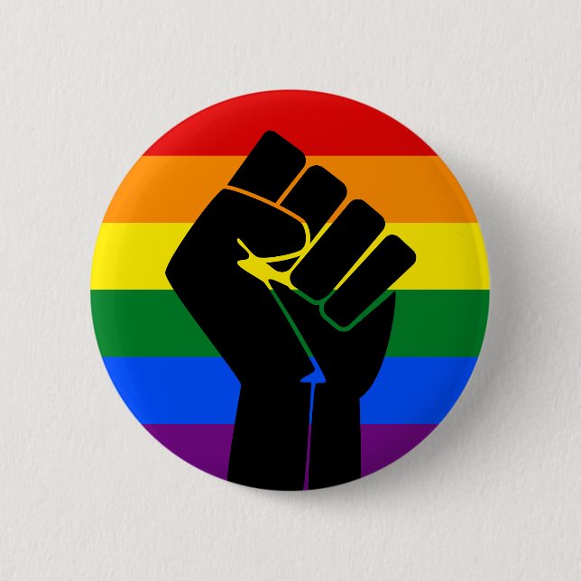 LGBT Pride (Rainbow) Flag with raised fist 2 Inch Round Button (Front)