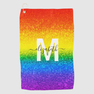 LGBT Pride Rainbow Glitter Stripes Monogram Name Golf Towel