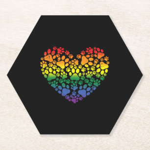 LGBT Q Dog Paw Print Gay Pride Rainbow Heart Paper Coaster