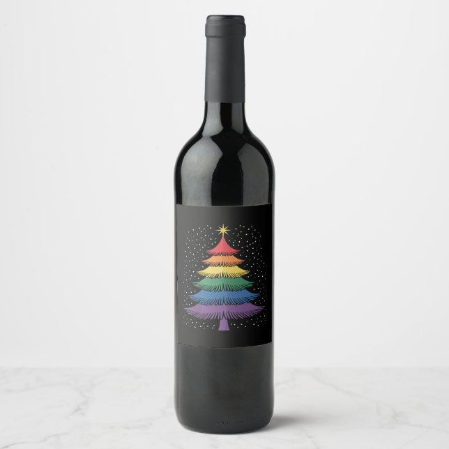 LGBT-Q Pride Christmas Tree Pajama Rainbow Flag Wine Label (Front)