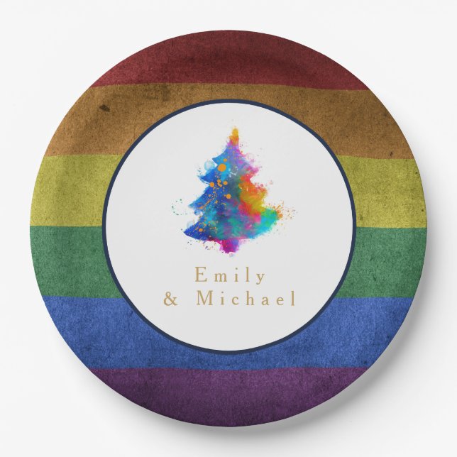 LGBT Rainbow Christmas Tree Custom Gay Pride Flag Paper Plate (Front)