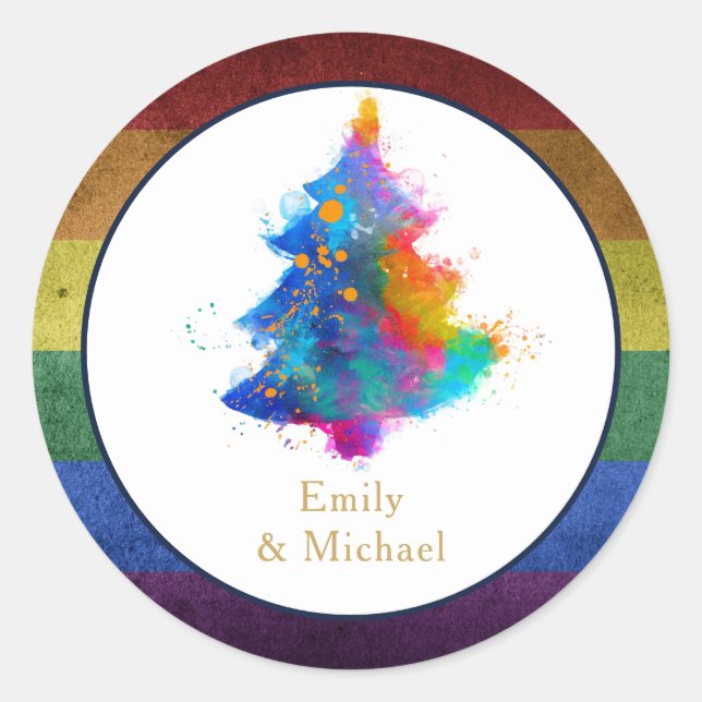 LGBT Rainbow Christmas Tree Event Personalized Classic Round Sticker (Front)