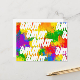 LGBT Rainbow colour brushstrokes Amor calligraphy  Postcard