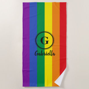 LGBT Rainbow Gay Pride Flag Black Custom Monogram Beach Towel