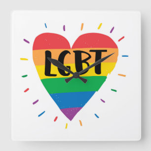 LGBT Rainbow Heart Square Wall Clock