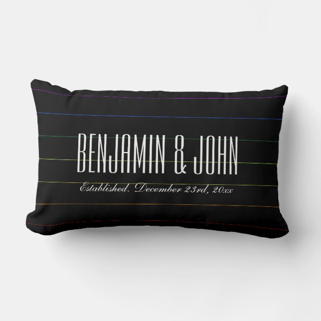 LGBT Rainbow Pinstripes Custom Names Anniversary Lumbar Pillow (Front)