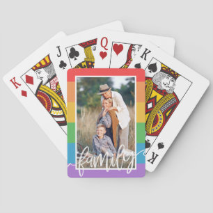 LGBT Rainbow Stripes Family Brush Script Photo Playing Cards