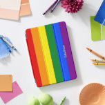 LGBT Rainbow Stripes Gay Lesbian Pride Monogrammed iPad Pro Cover<br><div class="desc">Create your own custom, personalized, unique, one-of-a-kind, beautiful elegant stylish faux gold typography script name monogram / initials, monogrammed, cool, modern, vibrant, LGBT gay pride rainbow flag colours, colourful geometric stripes pattern, magnetic iPad smart cover that folds into multiple stand positions and features grey microfiber interior that helps protect your...</div>