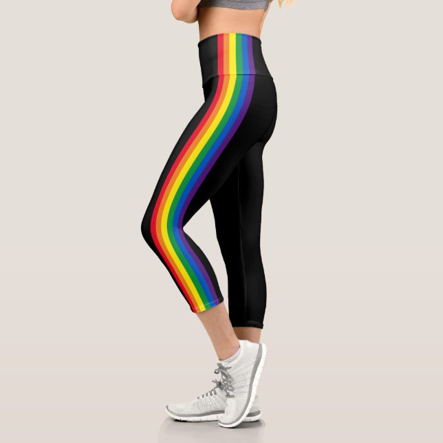 Lgbt rainbow stripes gay pride flag black capri leggings (Left)