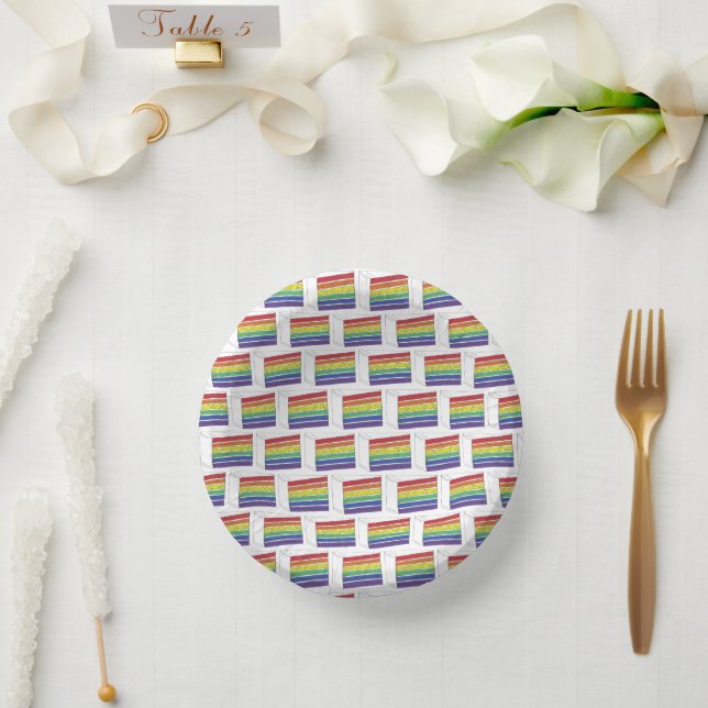 LGBT Rainbow Wedding Layer Cake Slice Gay Pride Paper Plate (Wedding)