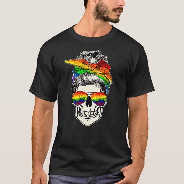 LGBT Skull Messy Bun Rainbow LGBTQ Gay Pride LGBT  T-Shirt (Front)