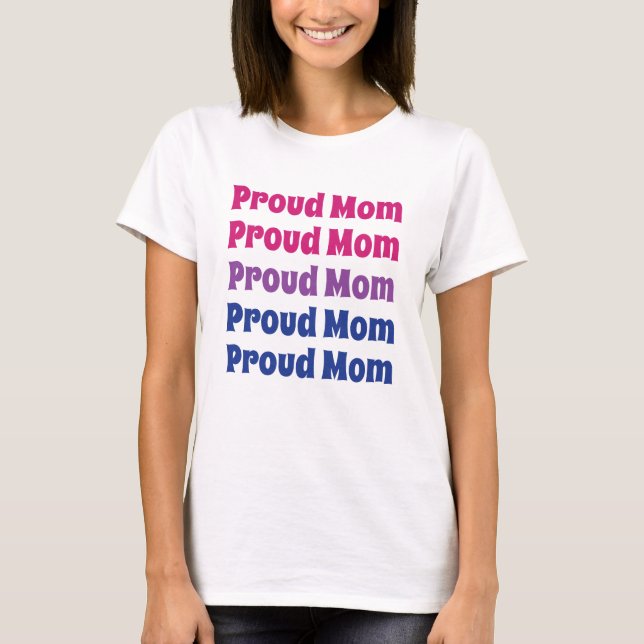 LGBTQ Bisexual Pride Proud Mom Repeating Text T-Shirt (Front)