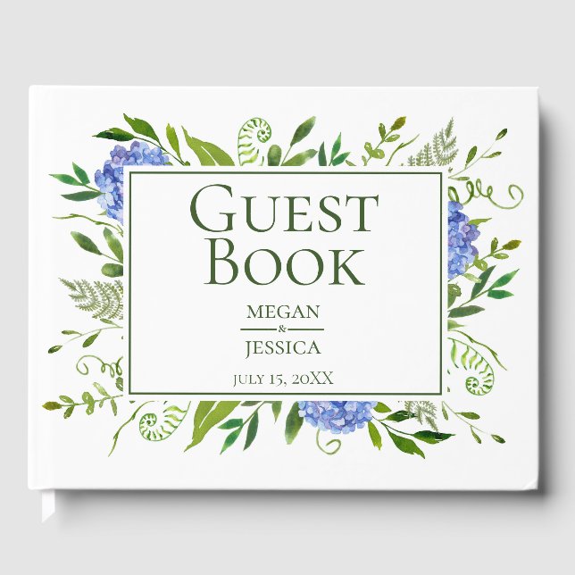 LGBTQ Blue Hydrangeas Floral Wedding Guest Book (Front)