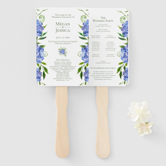 LGBTQ Blue Hydrangeas Floral Wedding Program Hand Fan (Front and Back)