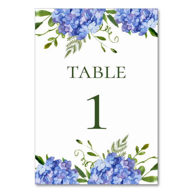 LGBTQ Blue Hydrangeas Floral Wedding Table Number (Front)