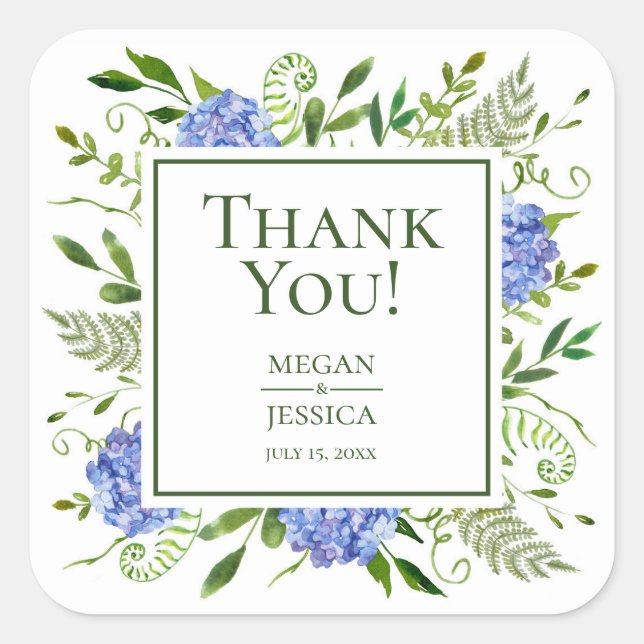 LGBTQ Blue Hydrangeas Floral Wedding Thank You Square Sticker (Front)