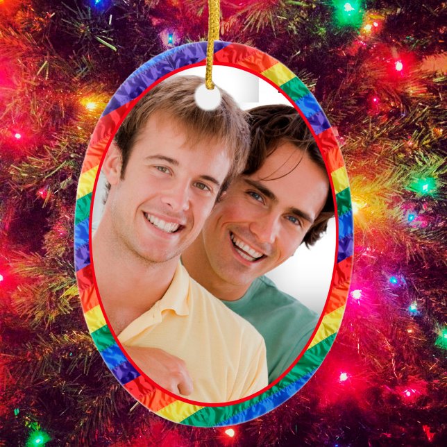 LGBTQ custom photo gay pride rainbow flag oval Ceramic Ornament (Creator Uploaded)
