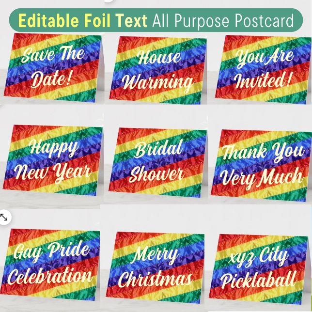 LGBTQ Editable Text Gay Pride Flag For All Purpose Foil Holiday Postcard (Creator Uploaded)
