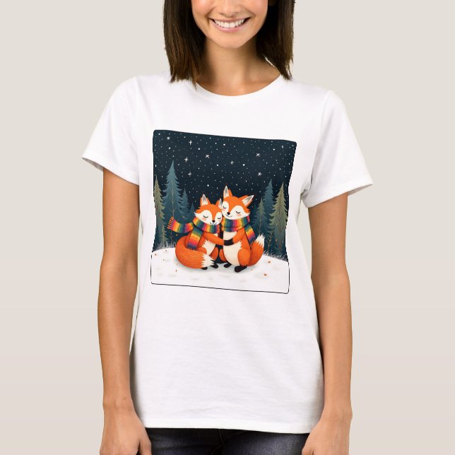 LGBTQ foxes cuddling with rainbow scarves in a for T-Shirt (Front)
