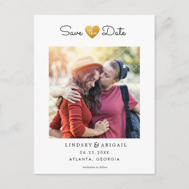 LGBTQ Gold Heart Save the Date with Photo Postcard (Front)
