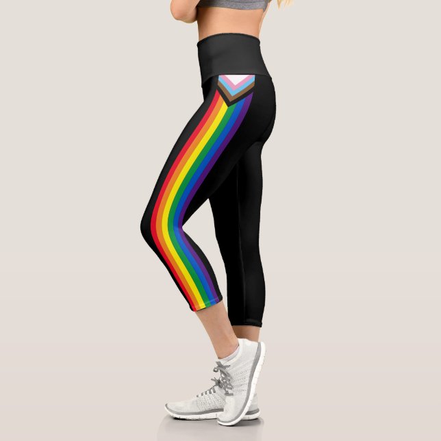 Lgbtq Inclusive rainbow gay pride flag black Capri Leggings (Left)