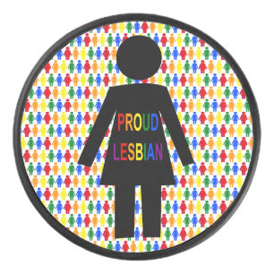 LGBTQ Lesbian Silhouette and Rainbow Ladies Hockey Puck