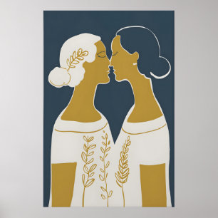 LGBTQ Line Art Print Two Women Kissing, Minimalist
