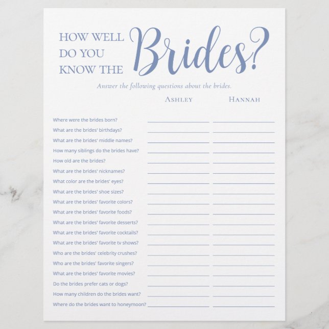 LGBTQ Modern Dusty Blue 2 Sided Bridal Shower Game Flyer (Front)