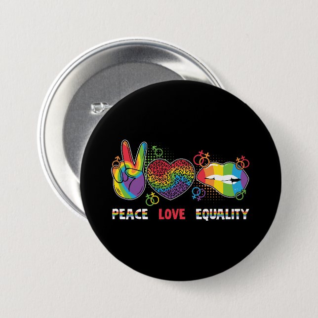 LGBTQ - Peace, Love, Equality - Rainbow Colours 3 Inch Round Button (Front & Back)