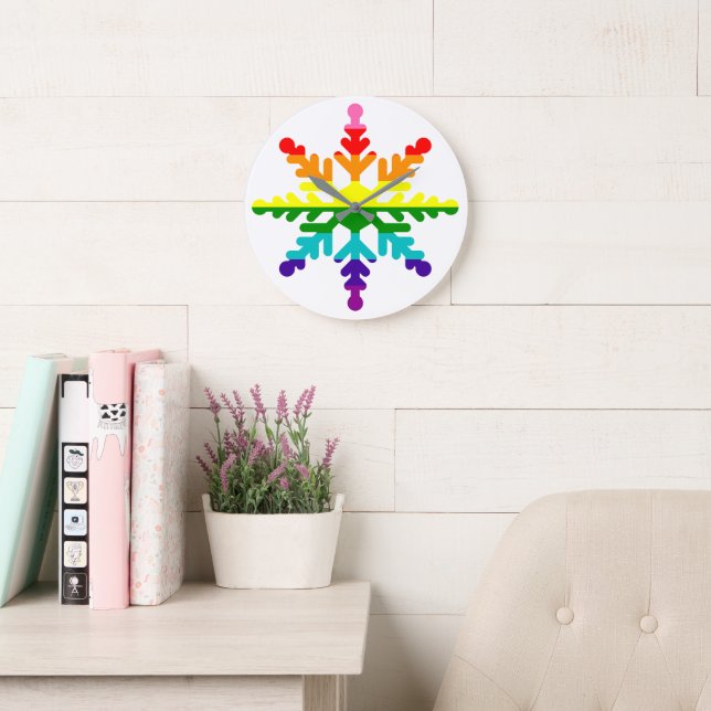 LGBTQ Pride Rainbow Colourful Christmas Snowflake Large Clock (Reading Room)