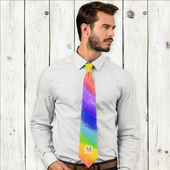 LGBTQ Pride Watercolor Rainbow Gold Monogram Tie (Creator Uploaded)