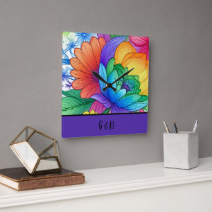lgbtq rainbow floral square wall clock