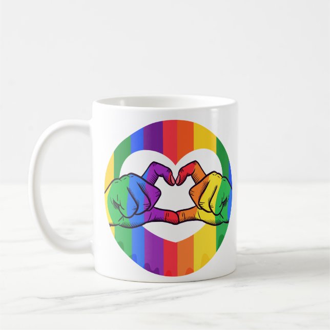 LGBTQ Rainbow Heart Hands Coffee Mug (Left)