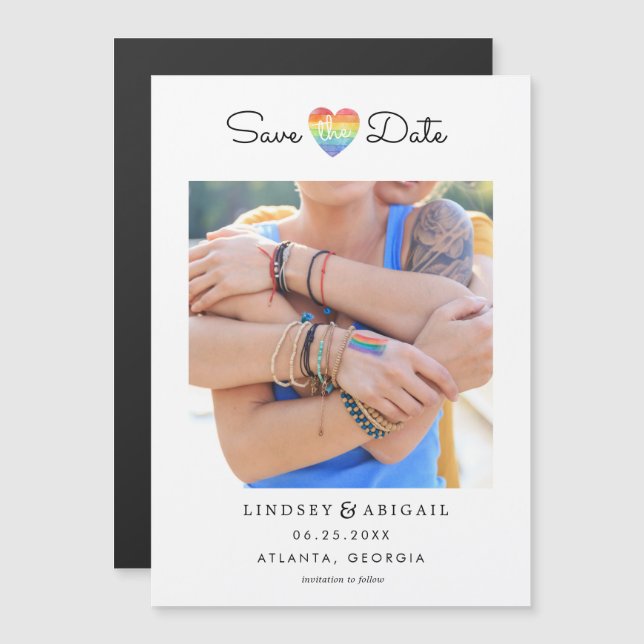 LGBTQ Rainbow Heart Save the Date with Photo Magnetic Invitation (Front/Back)