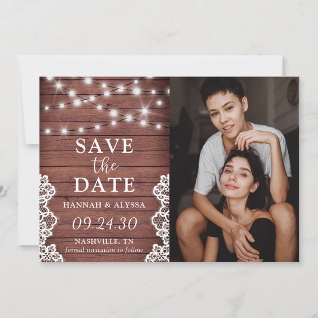 LGBTQ Rustic Lights Photo Flat Save The Date Card (Front)