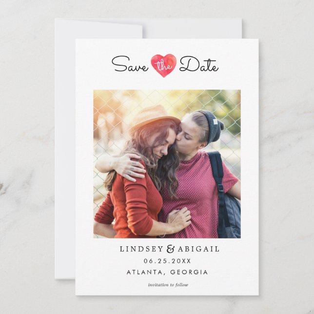 LGBTQ Watercolor Heart Save the Date with Photo (Front)