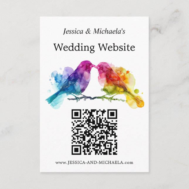 LGBTQ+  wedding website Rainbow Lovebirds Enclosure Card (Front)