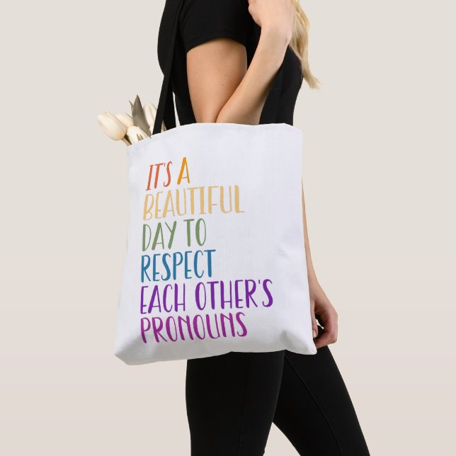 LGBTQA+ respect prounouns Pride month rainbow flag Tote Bag (Close Up)