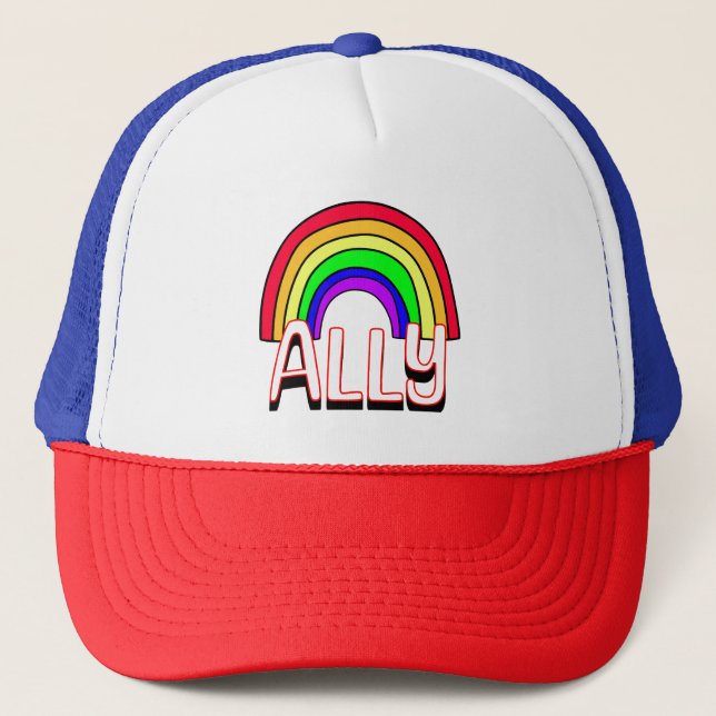 LGBTQIA+ Ally | Cute Rainbow and Heart Pride  Trucker Hat (Front)