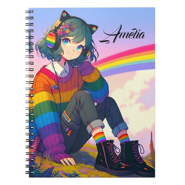 LGBTQIA+ Anime Girl Lesbian Pride Personalized Notebook (Front)