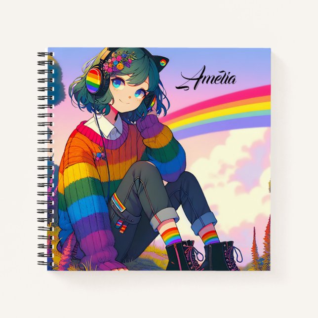 LGBTQIA+ Anime Girl Lesbian Pride Personalized Notebook (Front)