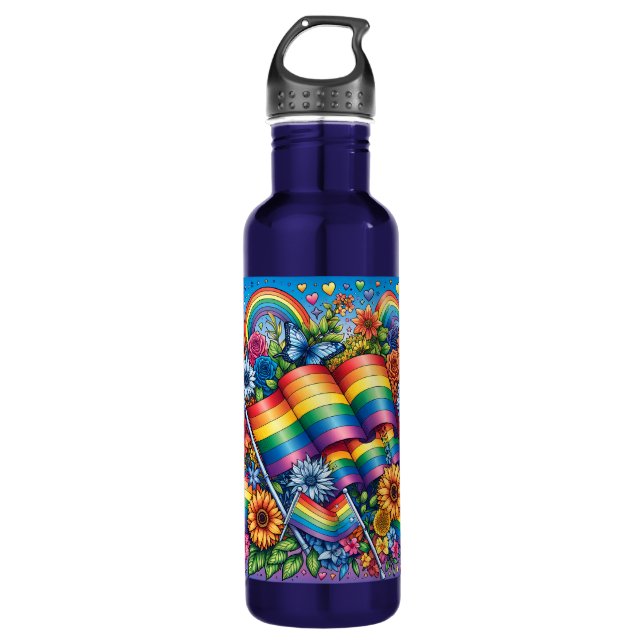 LGBTQIA+ Pride Flags, Rainbows, Flowers 710 Ml Water Bottle (Front)