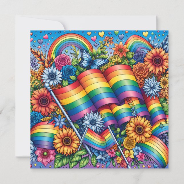 LGBTQIA+ Pride Flags, Rainbows, Flowers Invitation (Front)