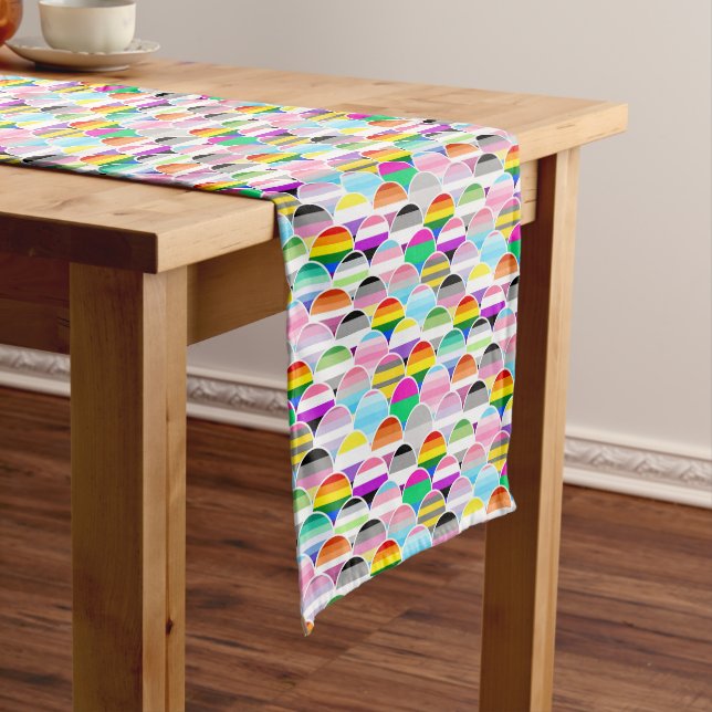 LGBTQIA+ Queer Scalloped Pride Flag Fans Short Table Runner (In Situ)