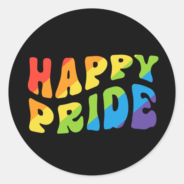 LGBTQIA Rainbow Retro Happy Pride Month Classic Round Sticker (Front)