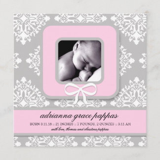 LGC | Faire-part fille gris et rose Damas