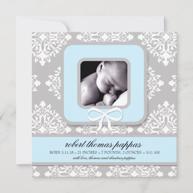 LGC | Faire-part Garçon gris et bleu Damas (Devant)