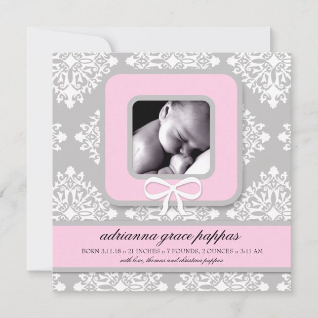 LGC | Grey & Pink Damask Girl Announcement (Front)